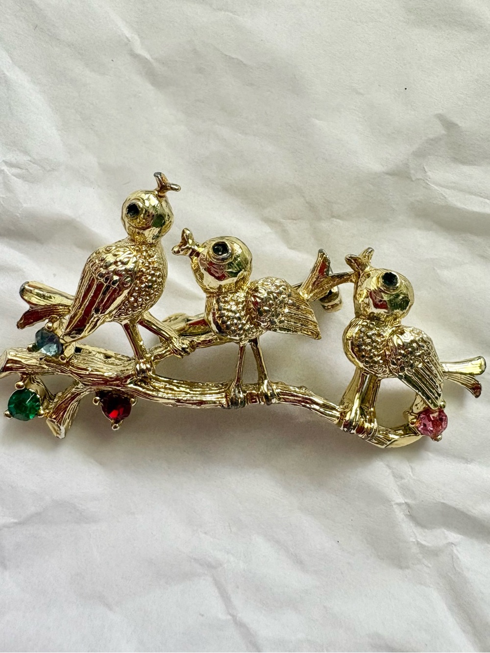 Vintage Gerry's three sing Birds On A Branch Rhinestone Brooch Pin Gold Tone 2”